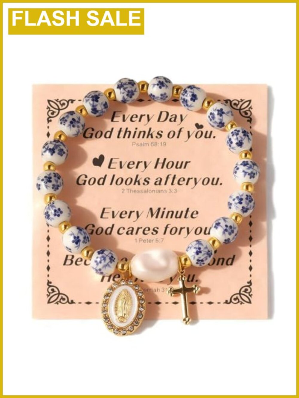 Miraculous Medal Cross Bracelet Stretch Ceramic Pearl Gold-Tone Charm